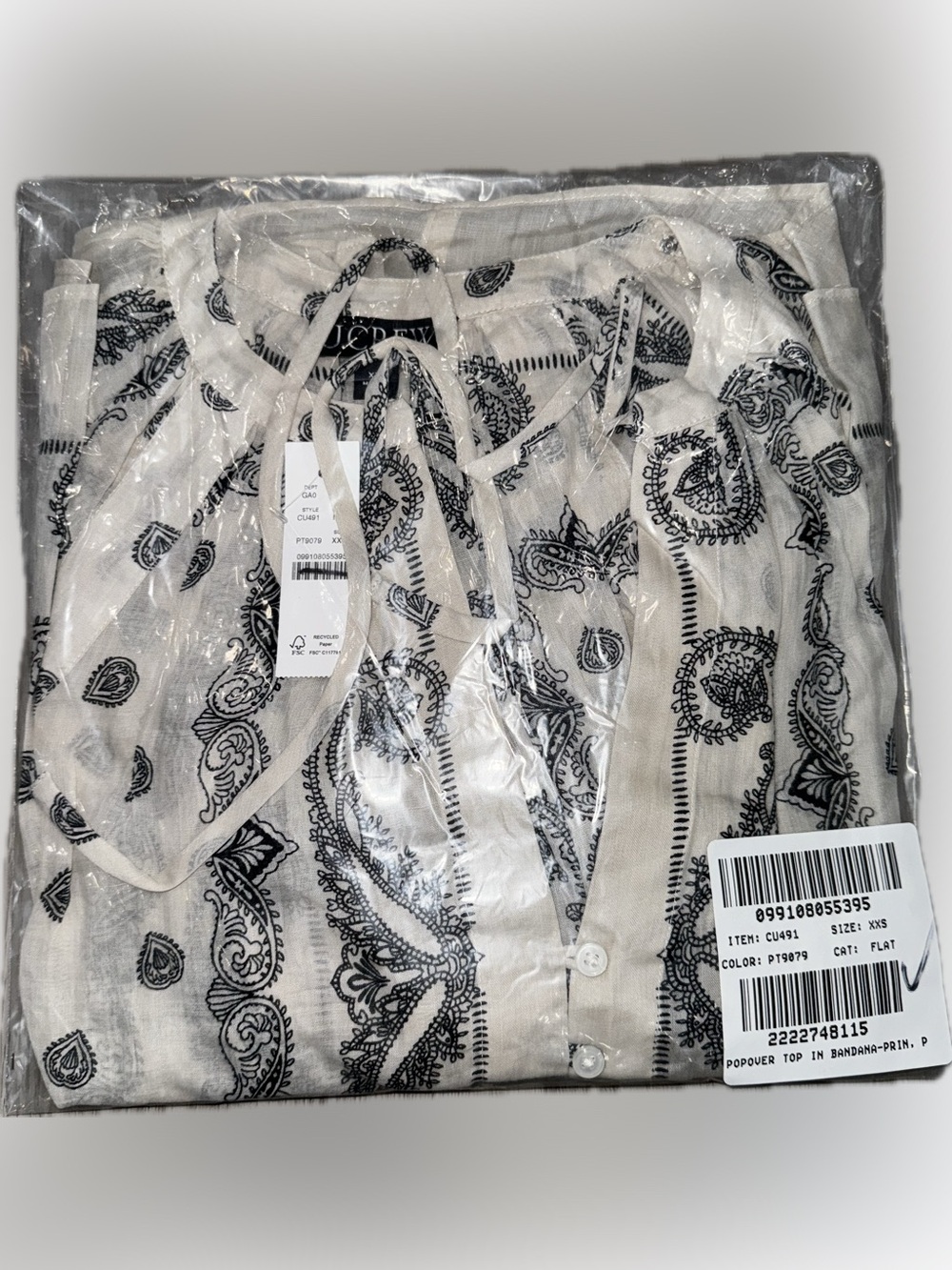 J.Crew Popover Boho Top Bandana Print Ramie Natural Black Casual XXS - Picture 9 of 9